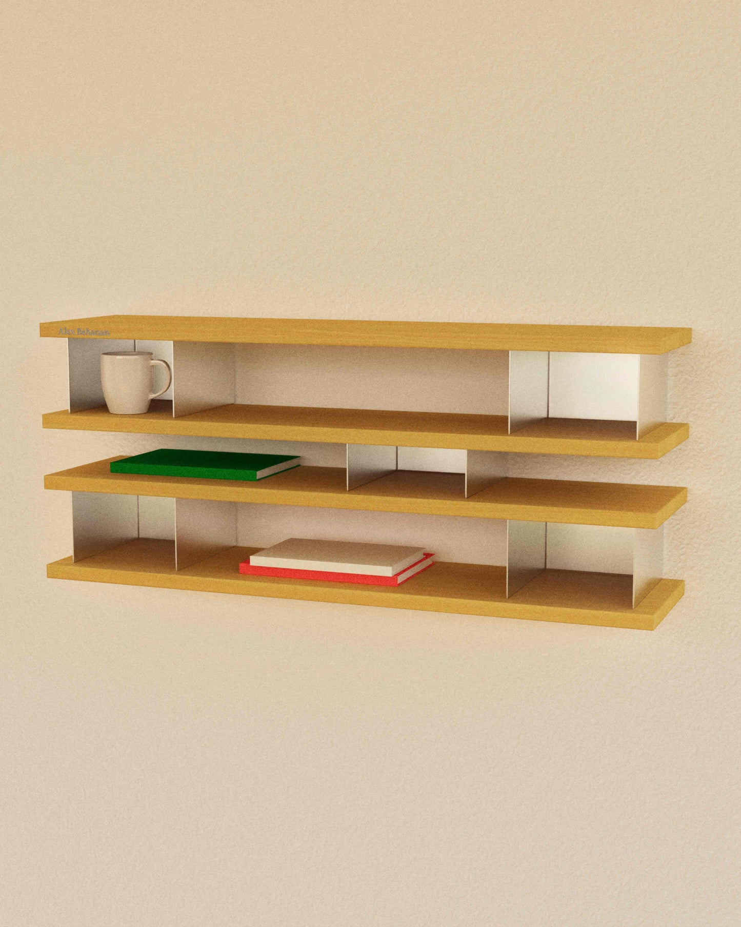 Wooden shelf with books and a mug on a beige wall
