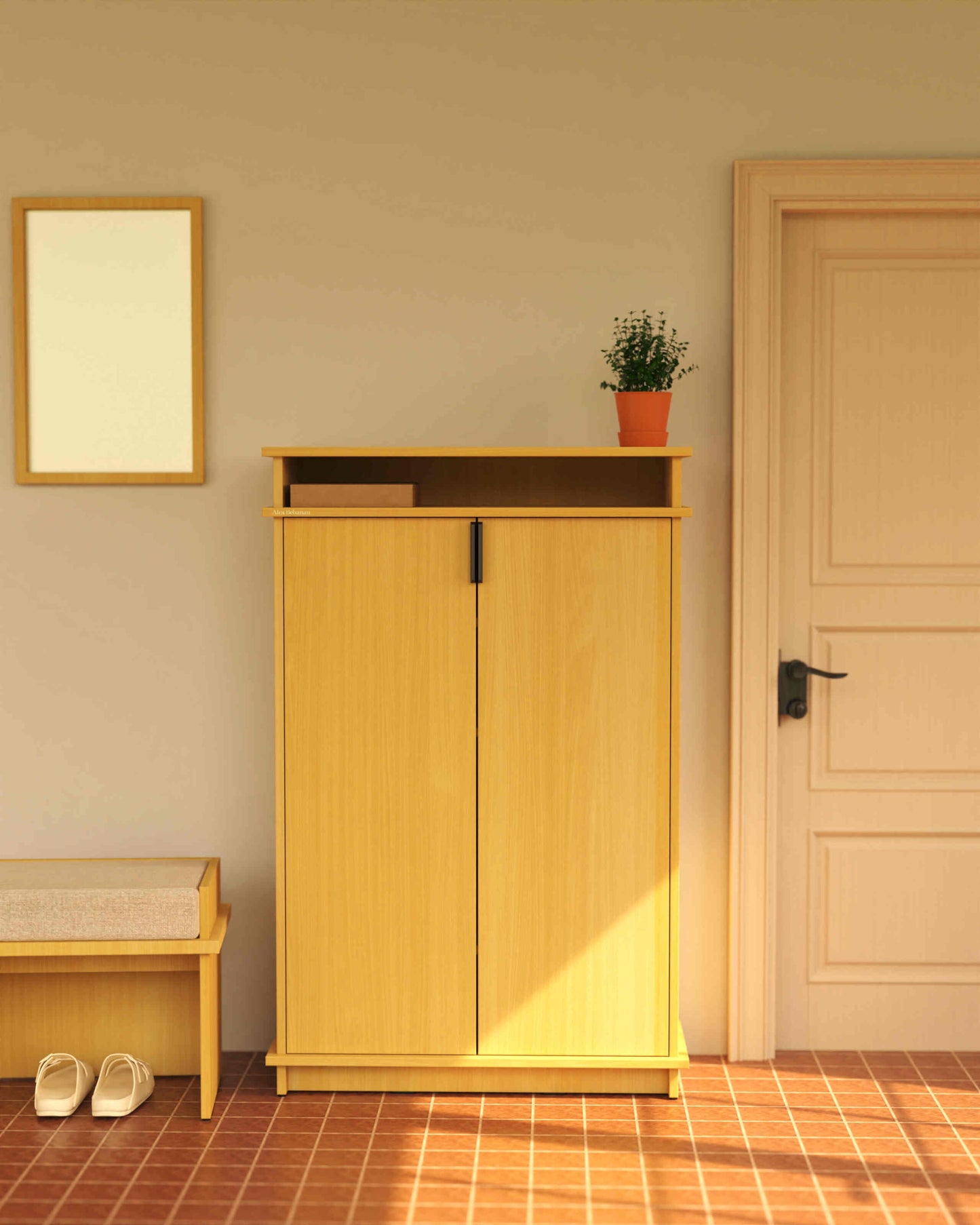 Wooden show rack in a room with a mirror, shoes, and a plant.