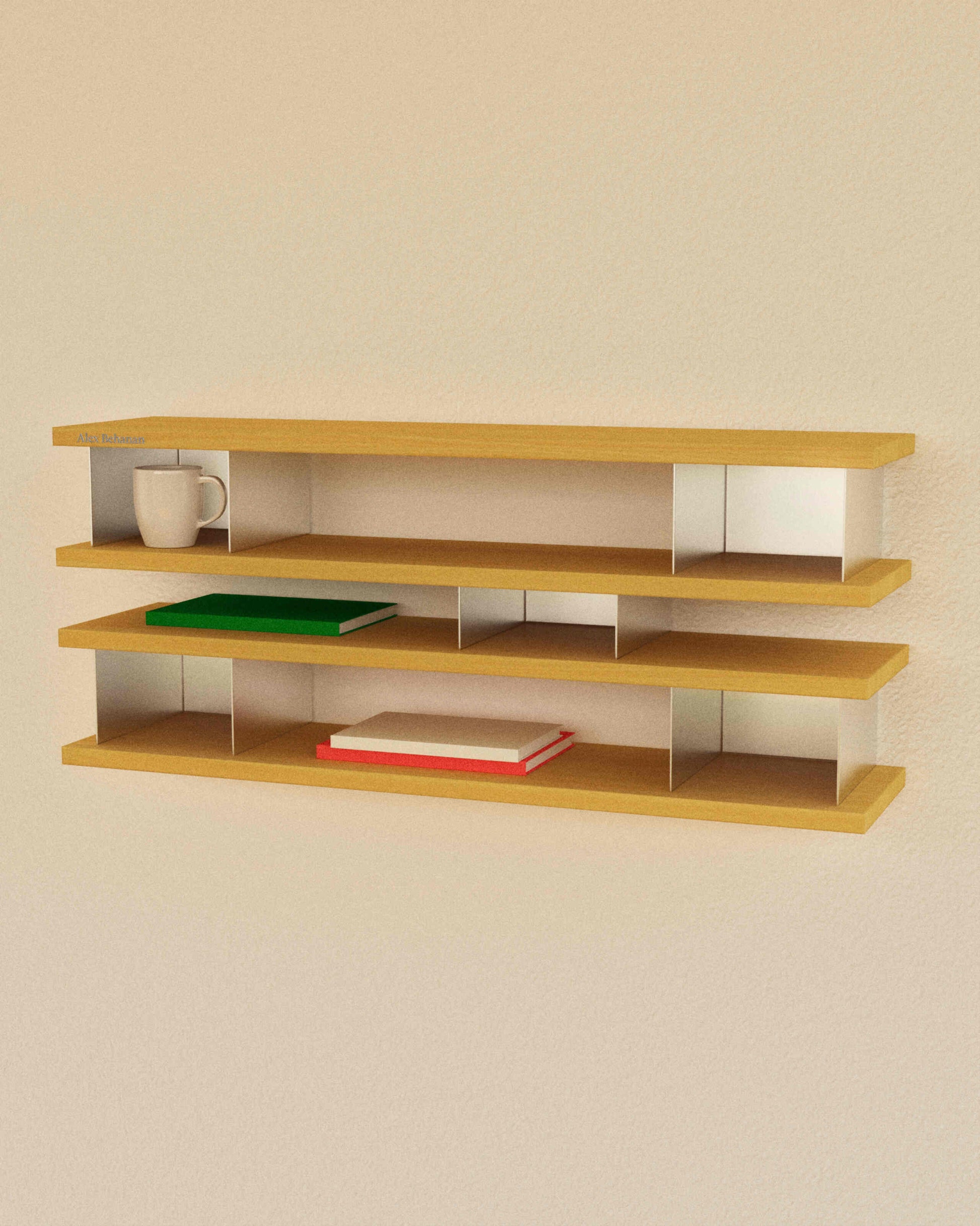 Wooden shelf with books and a mug on a beige wall