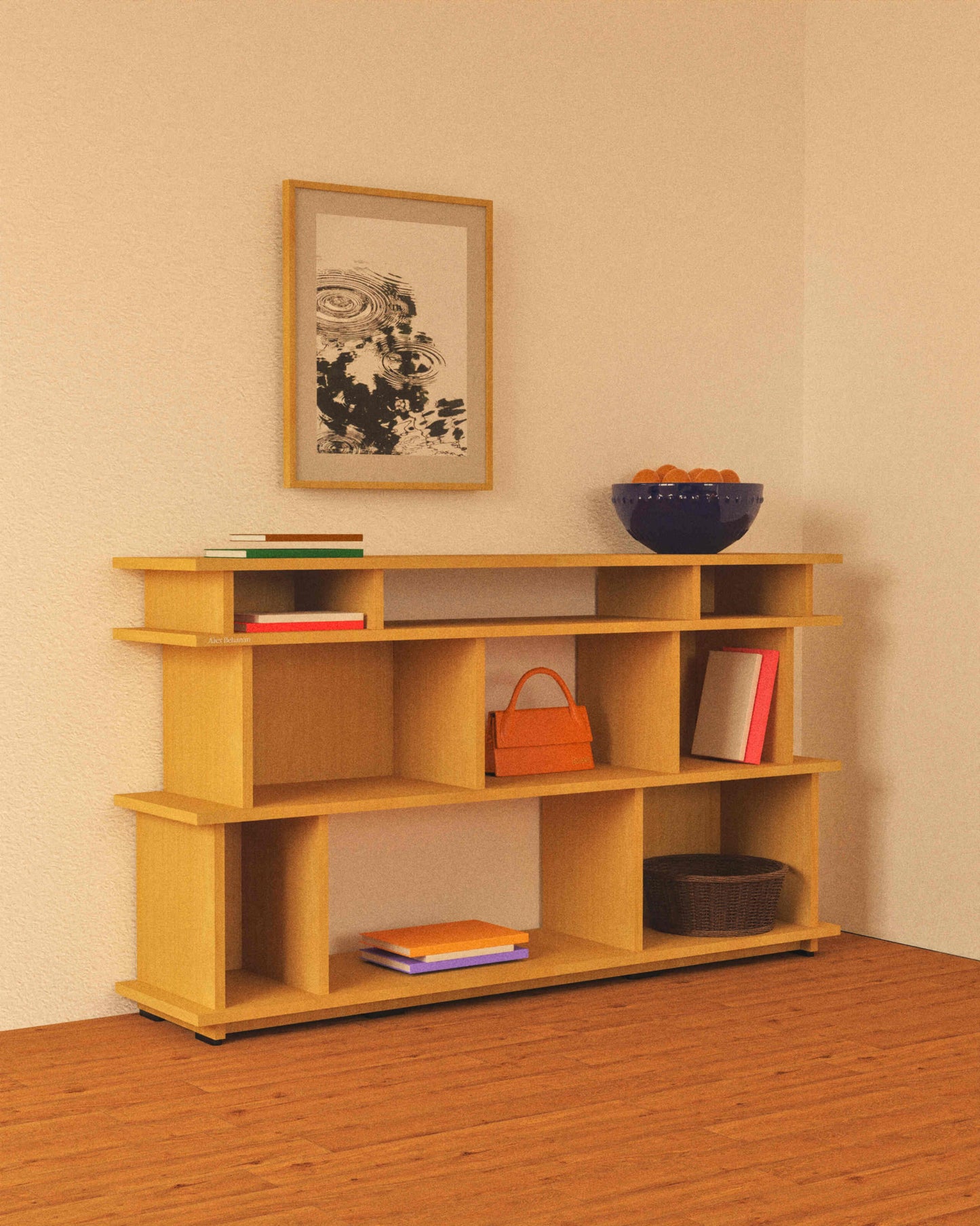 Wooden console table with decorative items against a beige wall