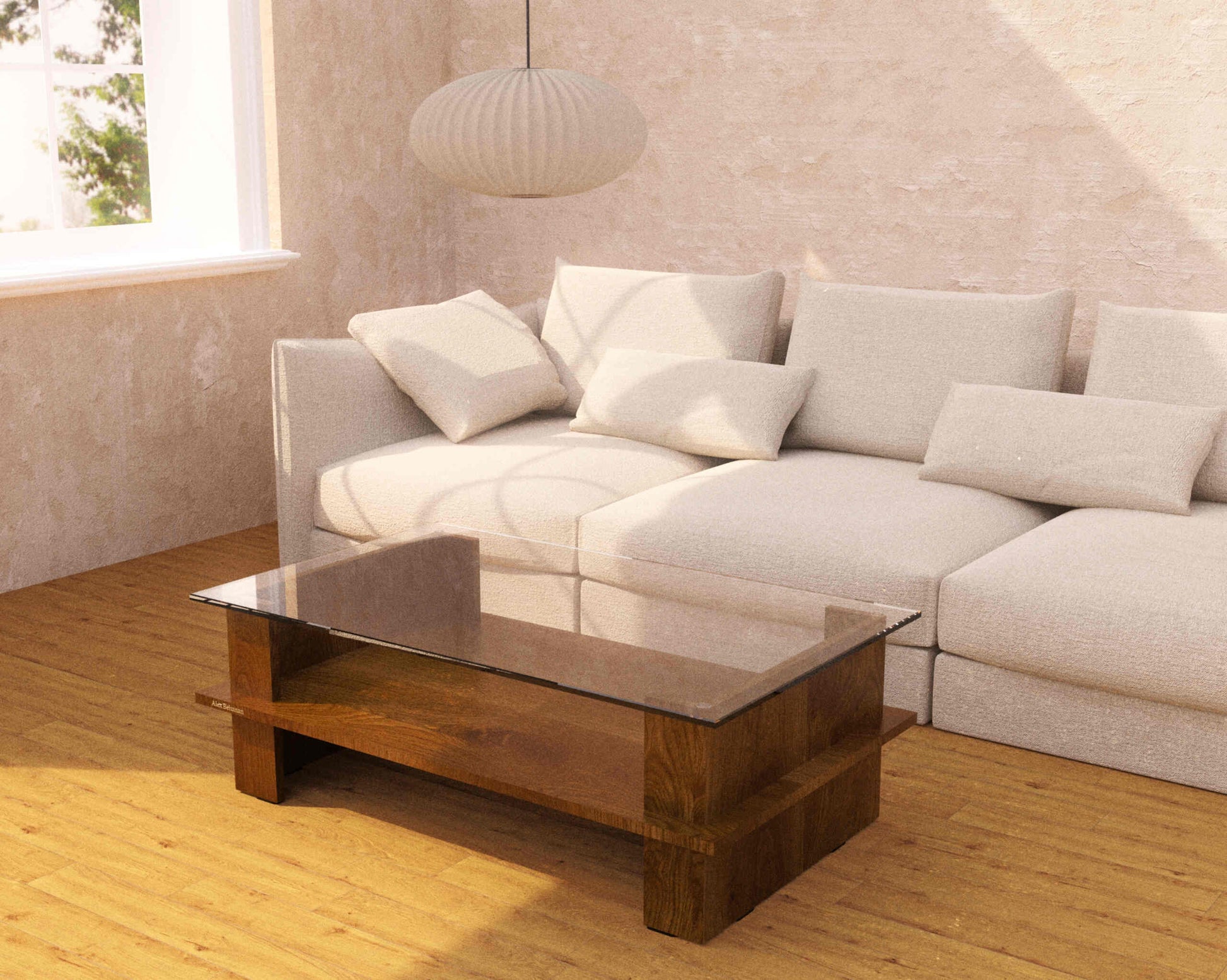 Light gray sectional sofa with a wooden coffee table in a living room setting.