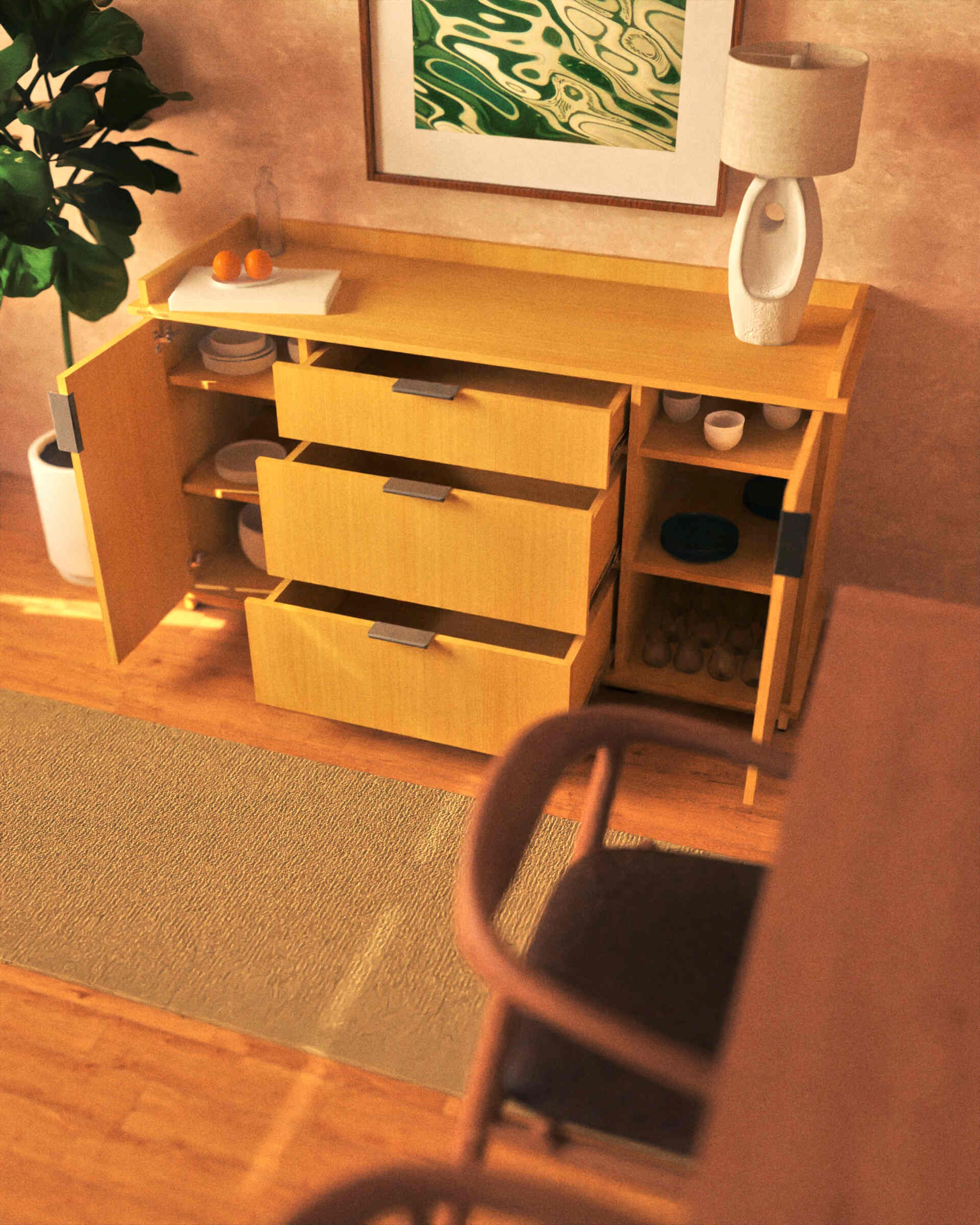 Wooden sideboard with open door in a room with a plant and lamp.