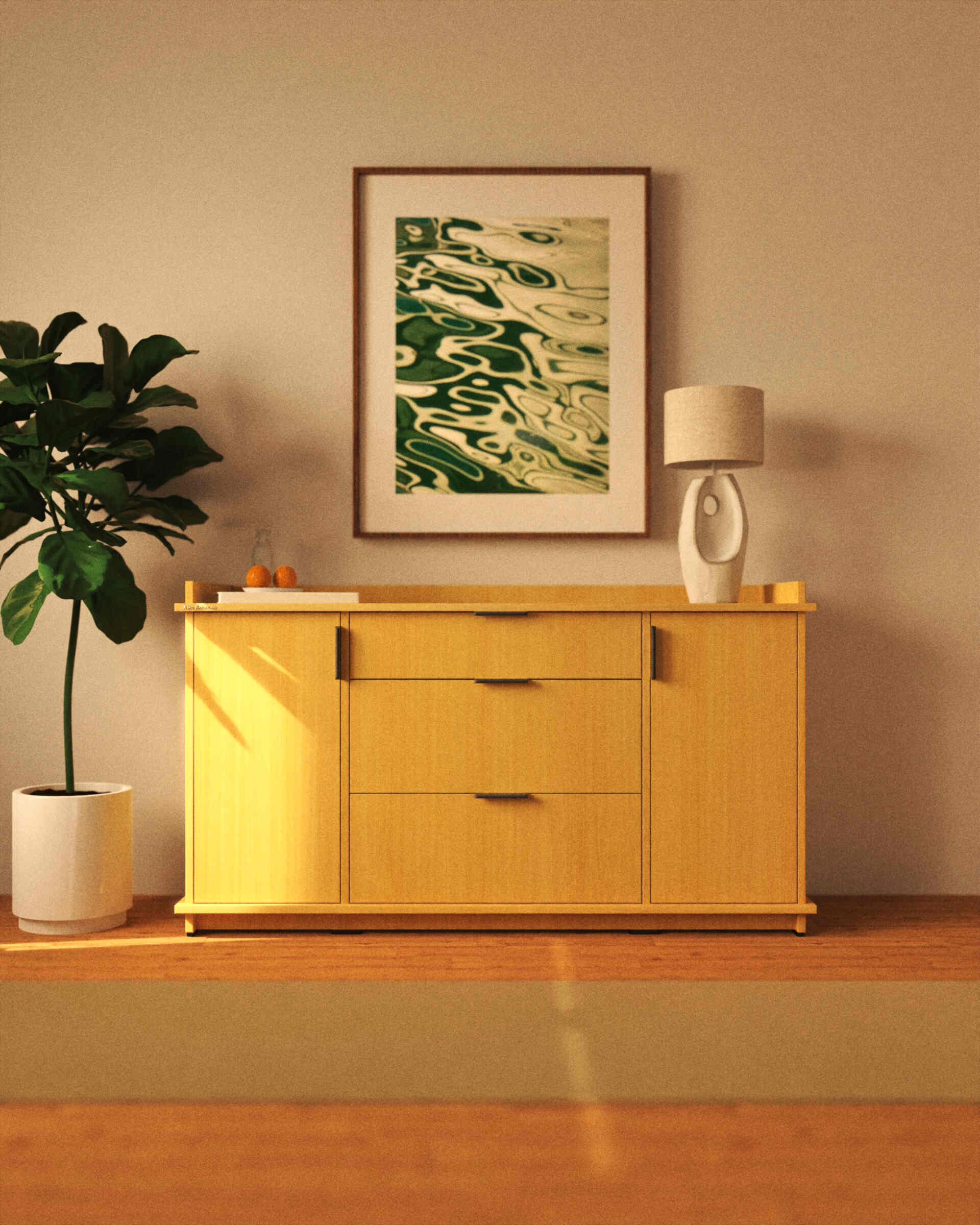 Wooden sideboard with a lamp and plant in a room setting