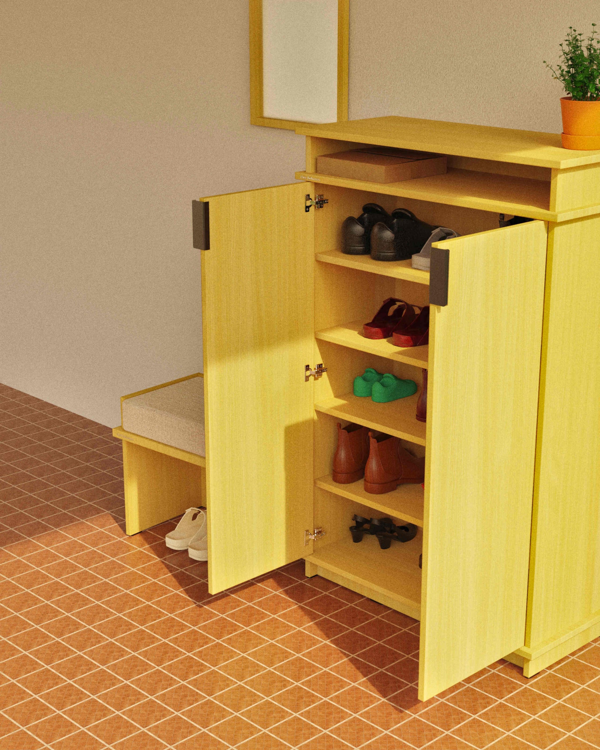 Wooden shoe cabinet with open doors showing shoes on a tiled floor.
