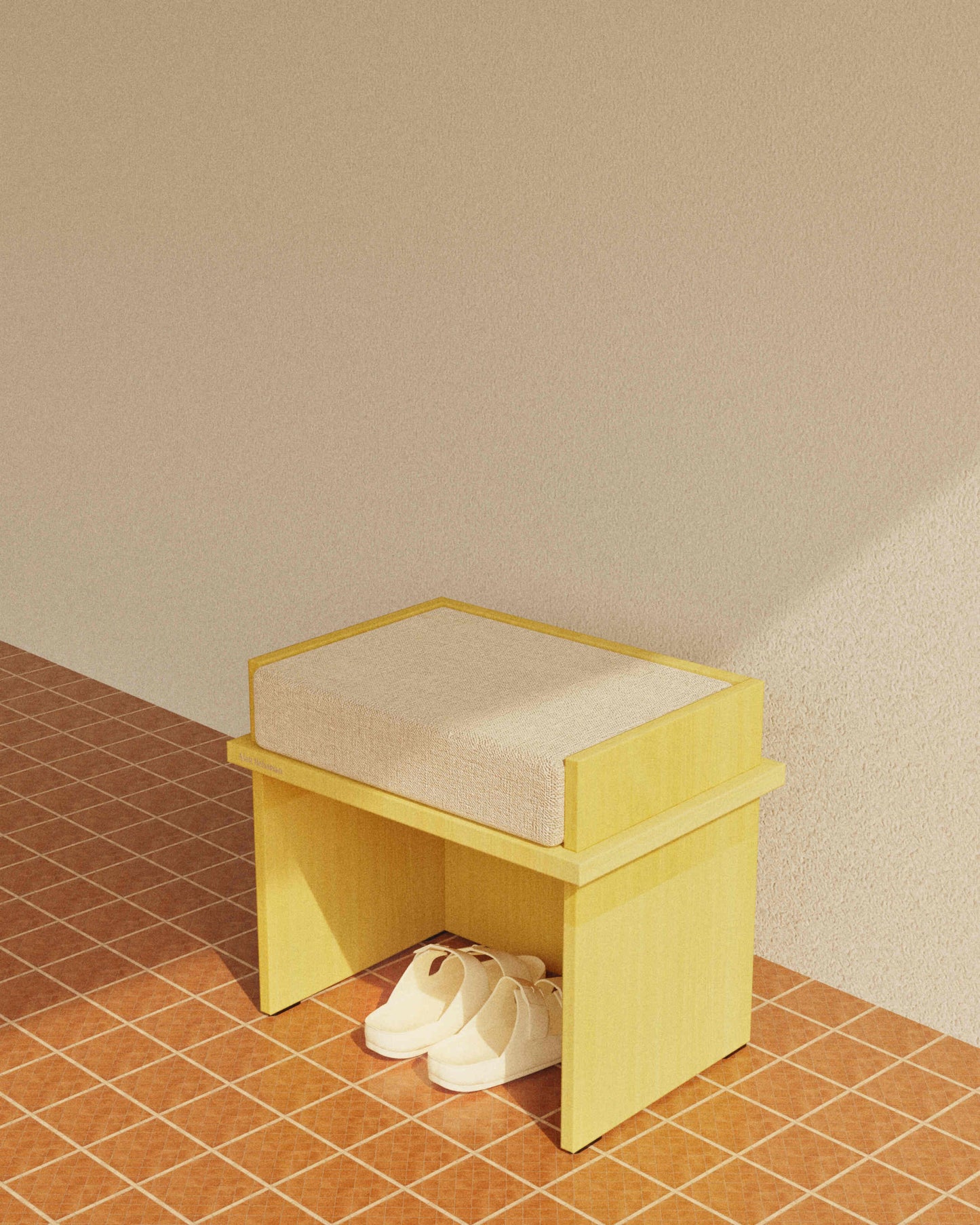 Wooden chair with a white cushion on a tiled floor against a beige wall.