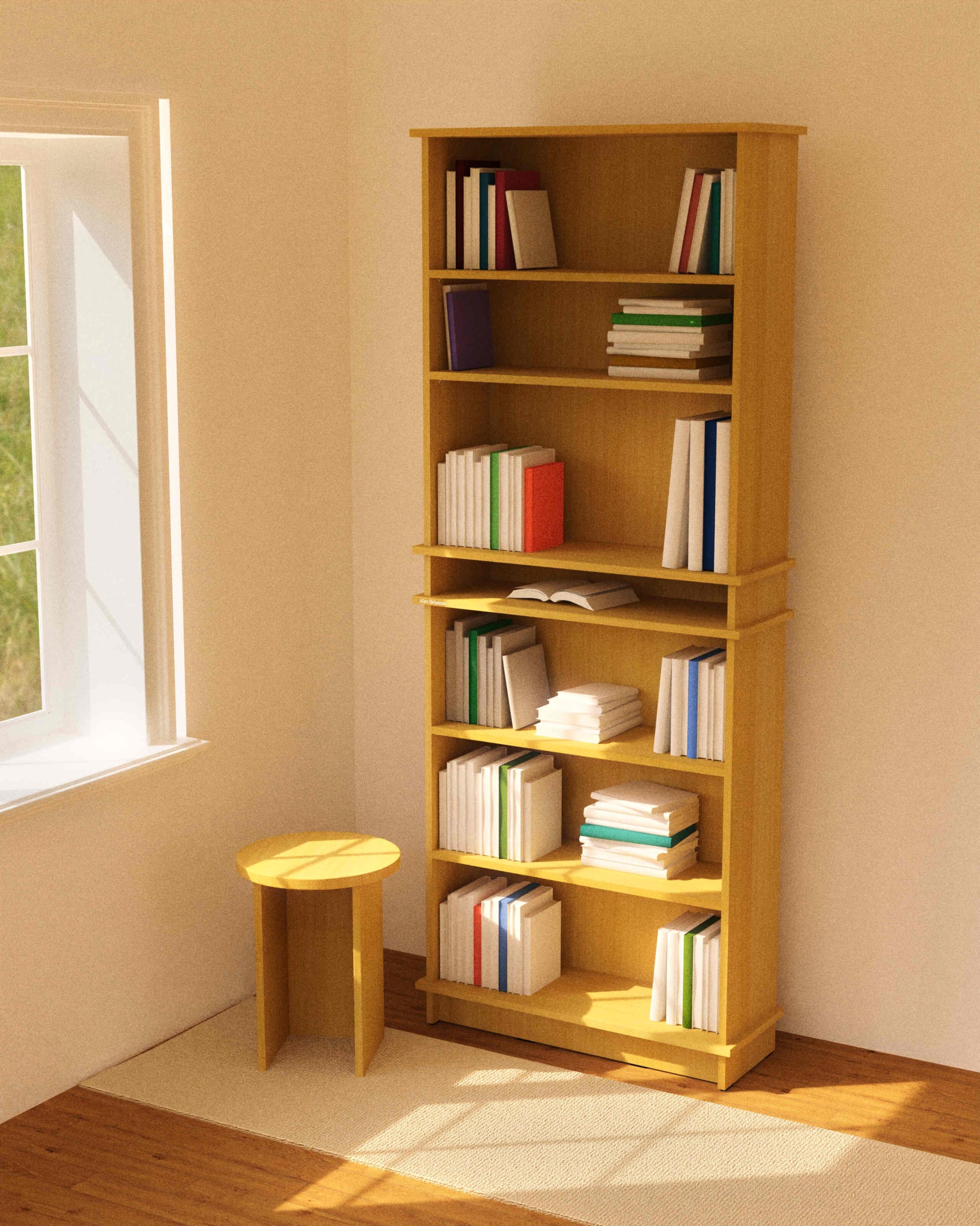 Wooden bookshelf with books next to a window in a room with beige walls and wooden floor.