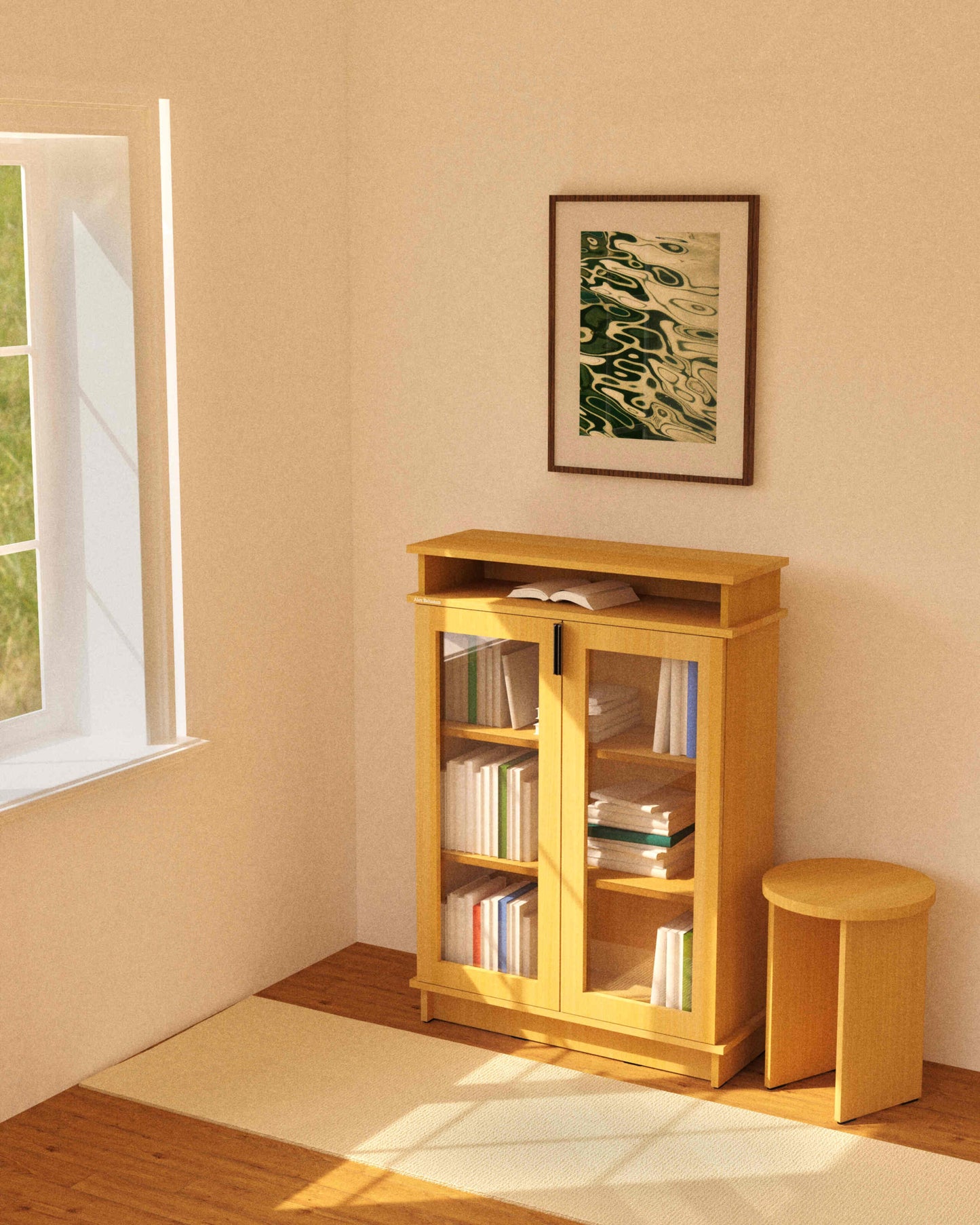 Wooden bookshelf with glass doors in a room with a window and framed picture on the wall.