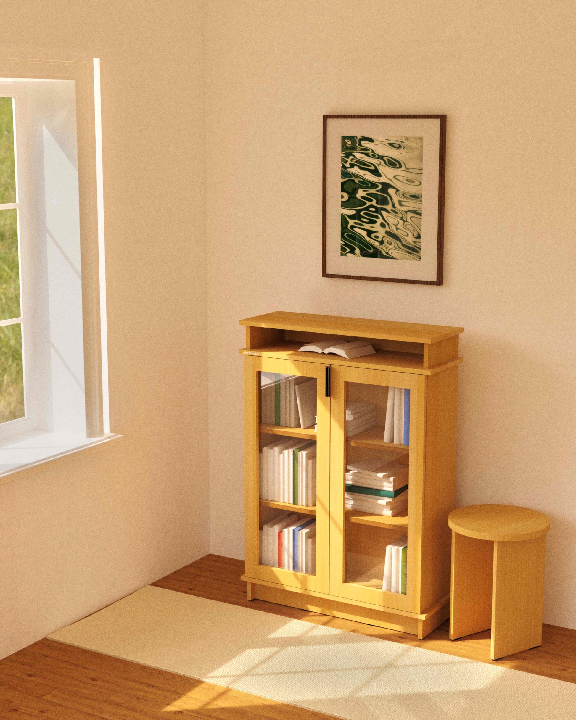 Wooden bookshelf with glass doors in a room with a window and framed picture on the wall.