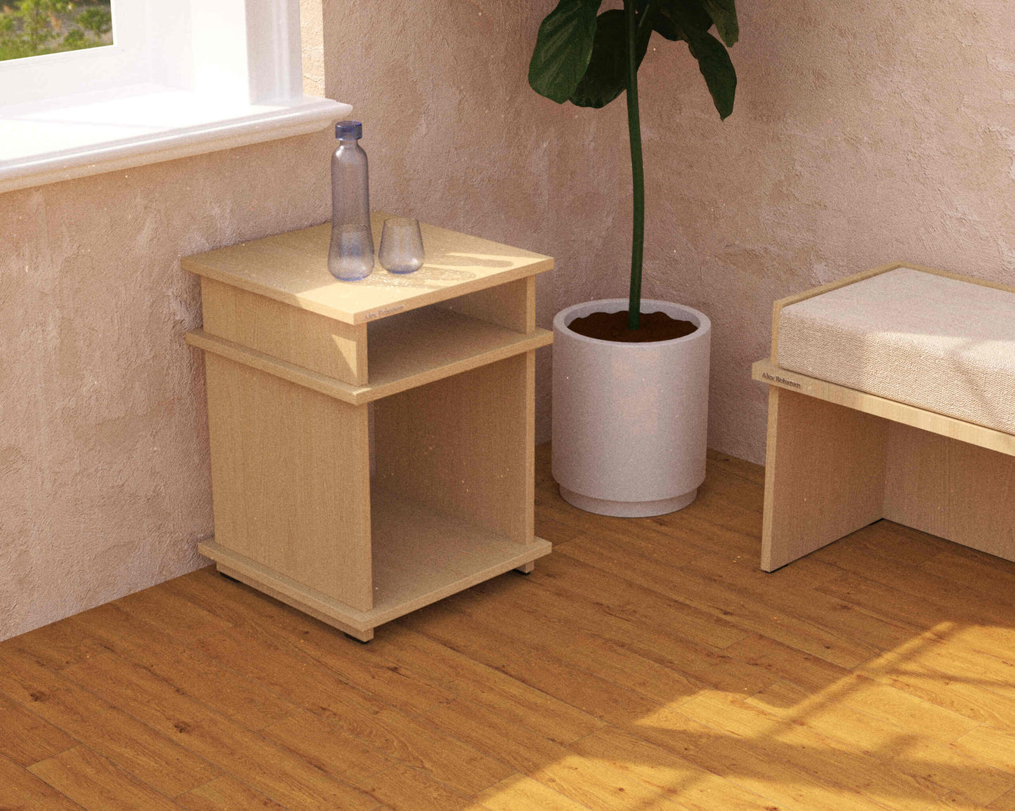 Wooden side table with a plant and water bottle in a room with a window and beige wall.