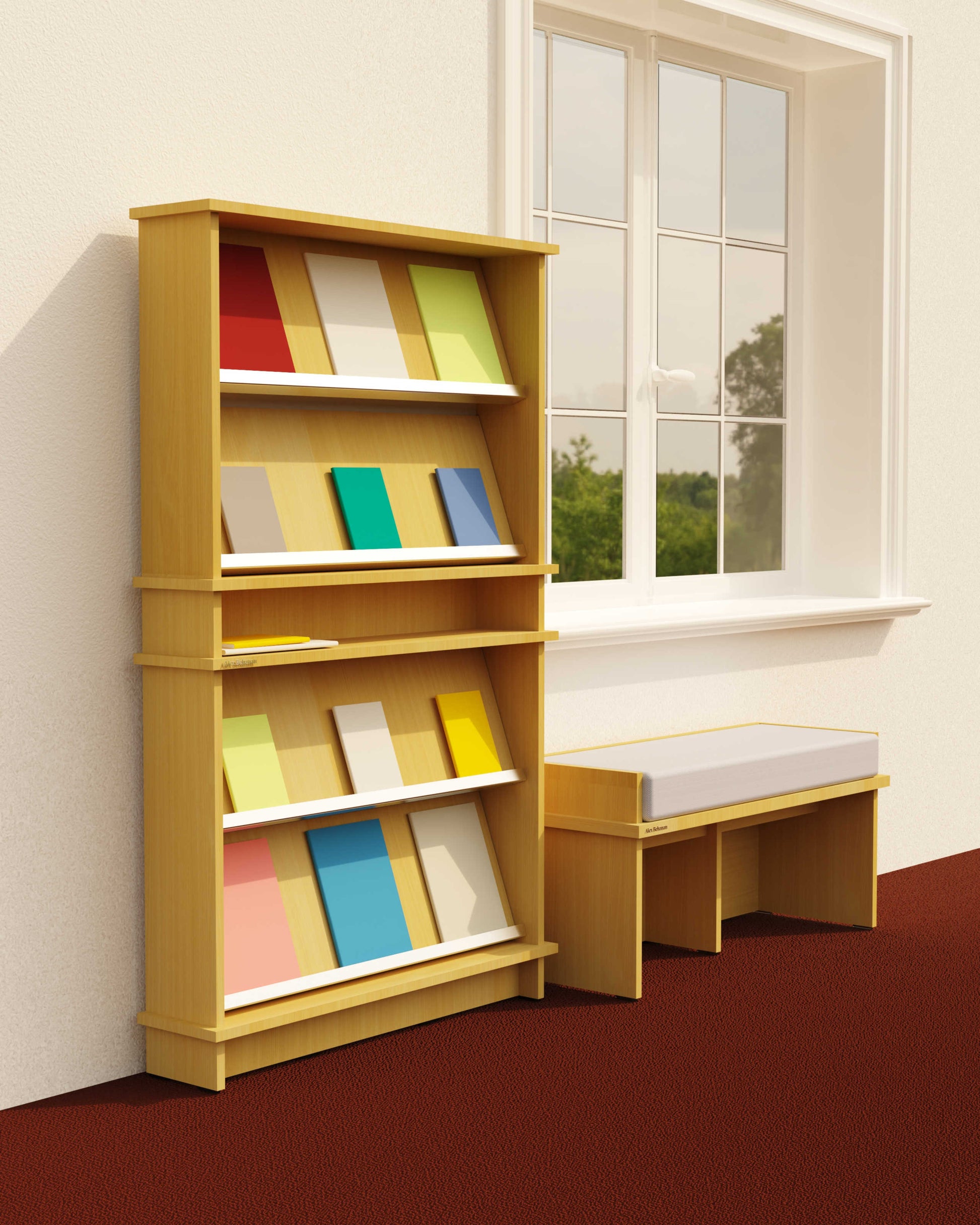 Wooden bookshelf with colorful books next to a small desk with a cushioned seat in a room with a window.